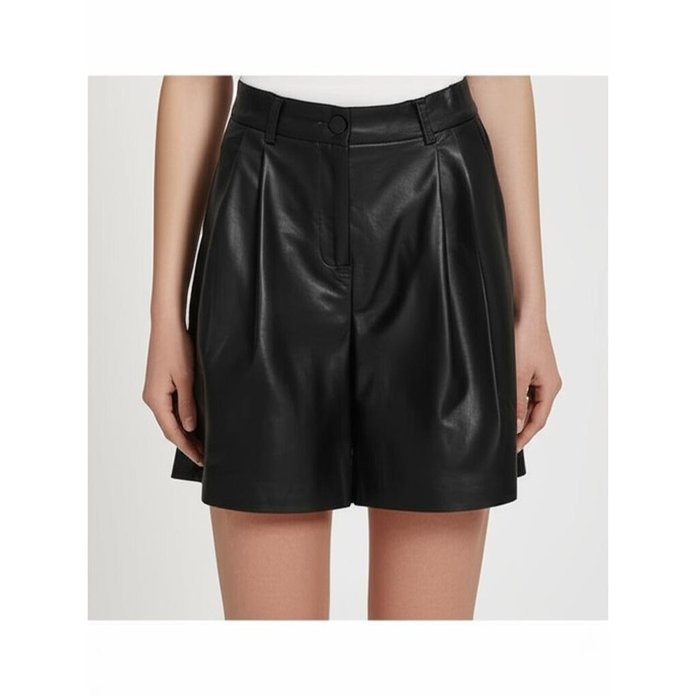OAK + FORT Black Vegan Leather Pleated High-Waisted Fashion Shorts Size 0